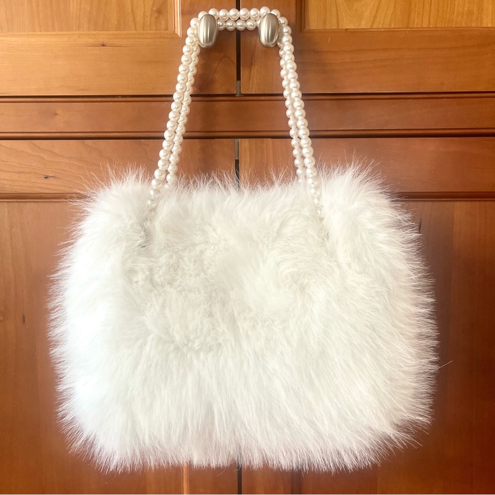 Genuine Fox Fur & Pearl Embossed Handle Straps Satchel Bag In Snow White Color - Picture 6 of 9